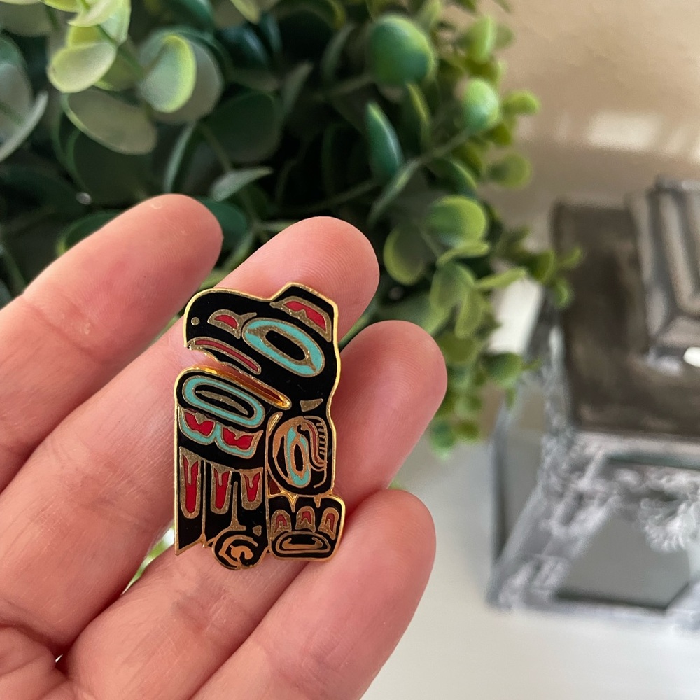 Vintage David Audette Enameled raven Brooch, Sitka, Alaska, 1980's-1990 Talisman